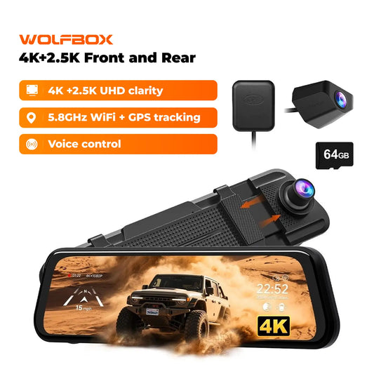 【Fathersdaygift】Wolfbox M40 10” 4K Mirror Dash Cam Front & Rear, Wifi GPS Voice Control, Night Vision, Parking Mode, 64GB Included
