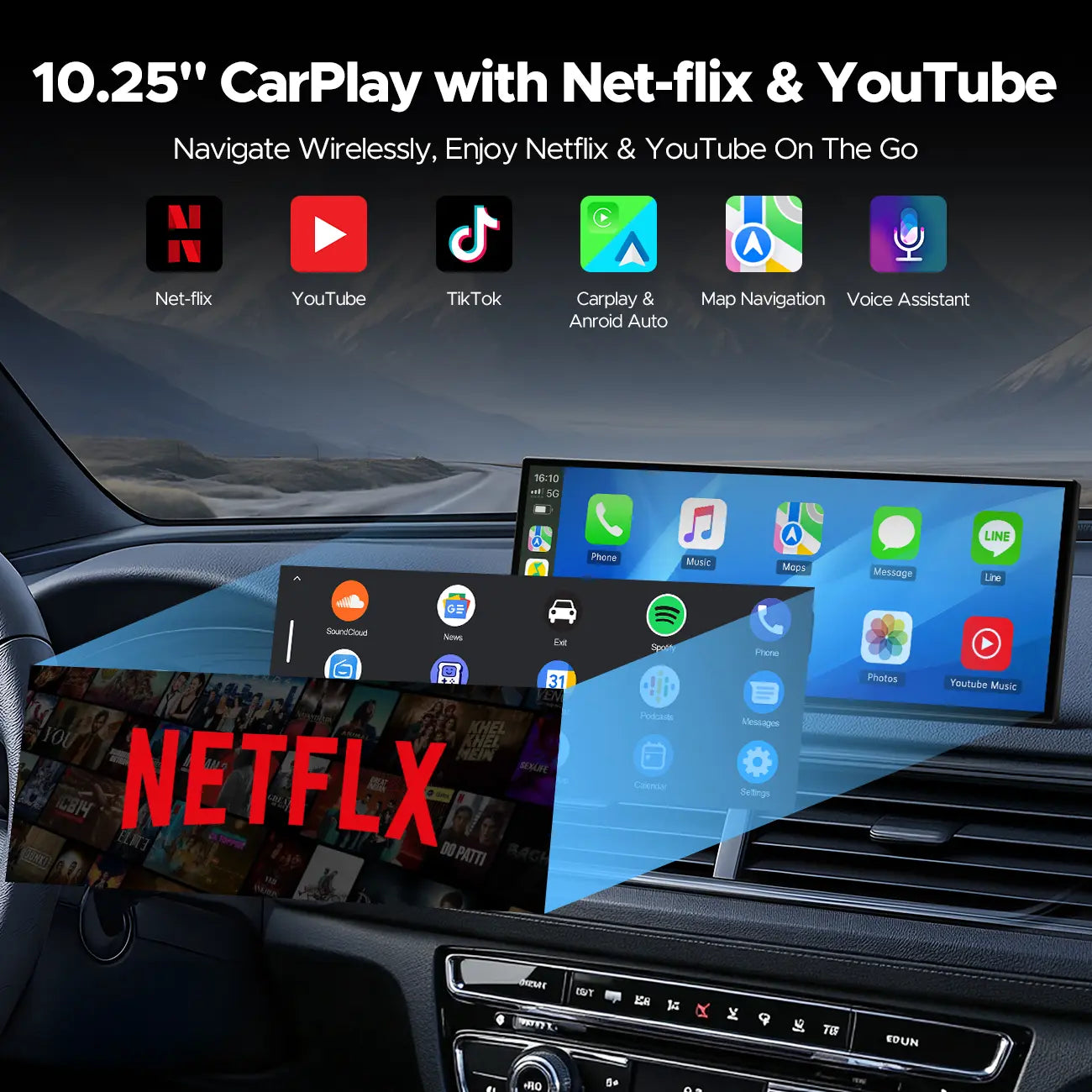 【Fathers Day Gift】Lamtto 10.25" Big Wireless Carplay Screen Watch Youtube/Netflix/Tiktok While Parked Auto-Connect, Iphone 8–15+ & Android 11+ Any Car Upgrade