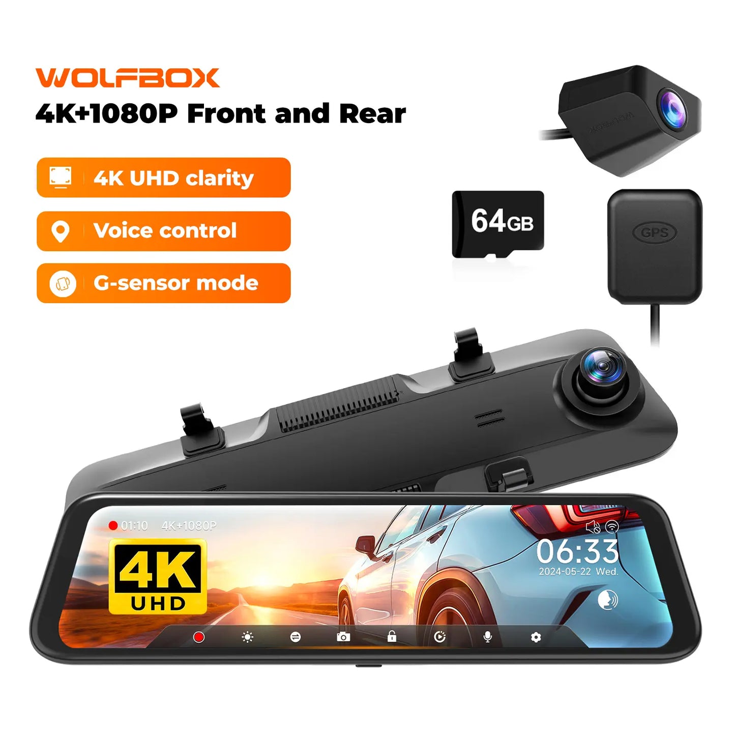WOLFBOX G850 4K UHD Rearview Mirror Backup Camera Dash Cam with GPS 64GB Card Loop Recording Privacy Fathersdaygift Protection 24 Hours Recording 5.8Ghz Wifi Connectivity Intelligent Voice Control WDR Super Night Vision Tiktokshopholidayhaul