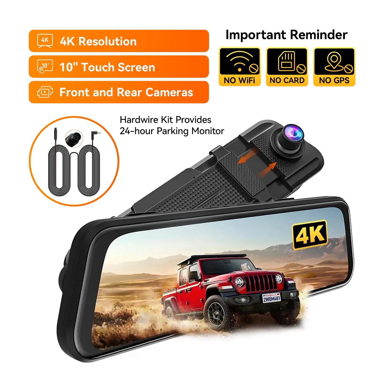 【Fathersdaygift】Wolfbox M40 10” 4K Mirror Dash Cam Front & Rear, Wifi GPS Voice Control, Night Vision, Parking Mode, 64GB Included