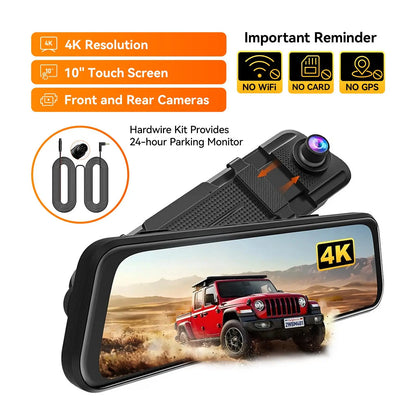【Fathersdaygift】Wolfbox M40 10” 4K Mirror Dash Cam Front & Rear, Wifi GPS Voice Control, Night Vision, Parking Mode, 64GB Included