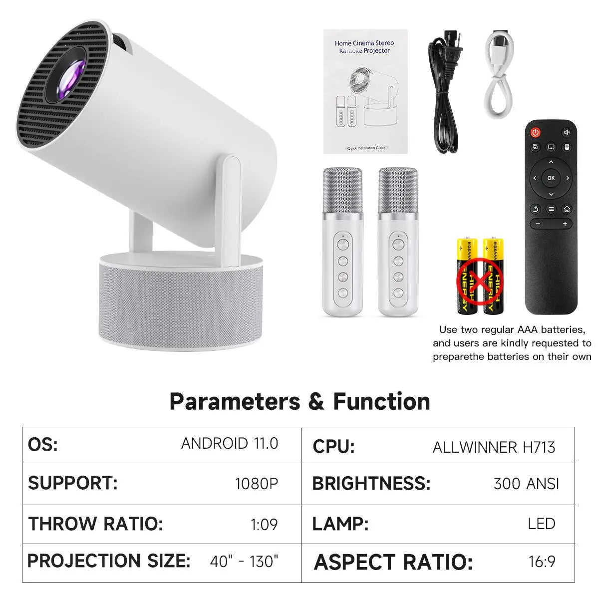 Portable Projector, Plug and Play Wireless Projector with 2 Speakers & 2 Microphones, Home Entertainment Projector, Home Cinema Projector, Stereo Karaoke Projector for Home Office, Home Theater Projector, Mother'S Day Gift