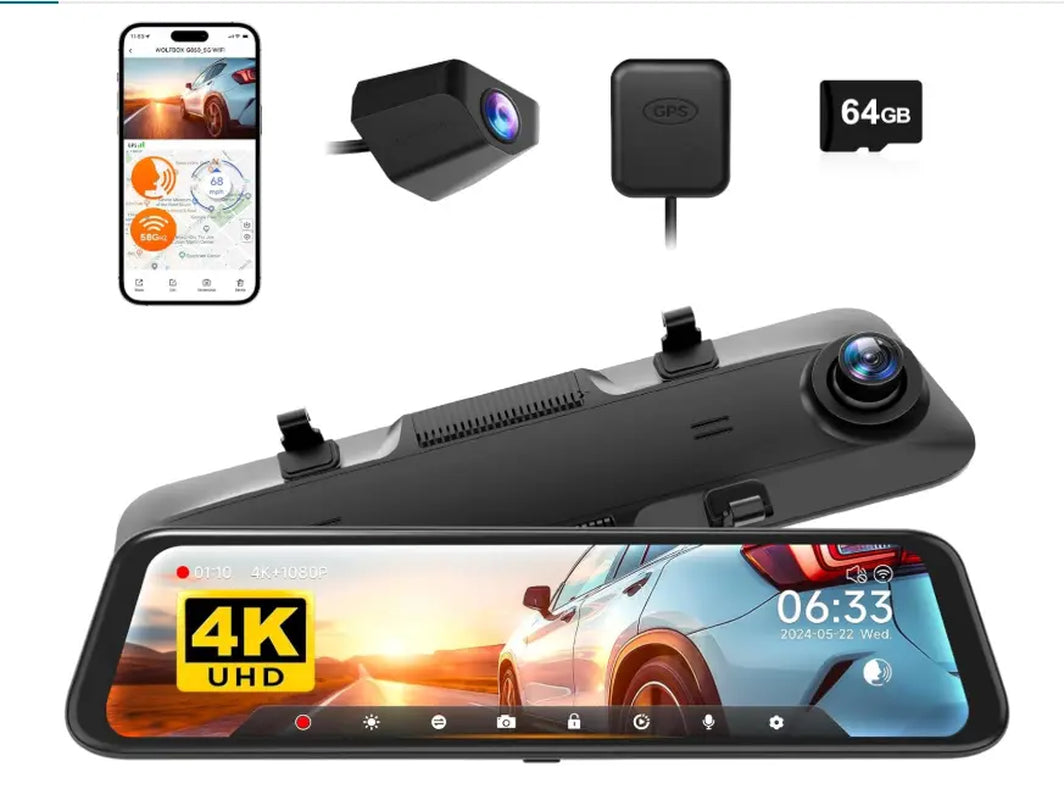 WOLFBOX G850 4K UHD Rearview Mirror Backup Camera Dash Cam with GPS 64GB Card Loop Recording Privacy Fathersdaygift Protection 24 Hours Recording 5.8Ghz Wifi Connectivity Intelligent Voice Control WDR Super Night Vision Tiktokshopholidayhaul