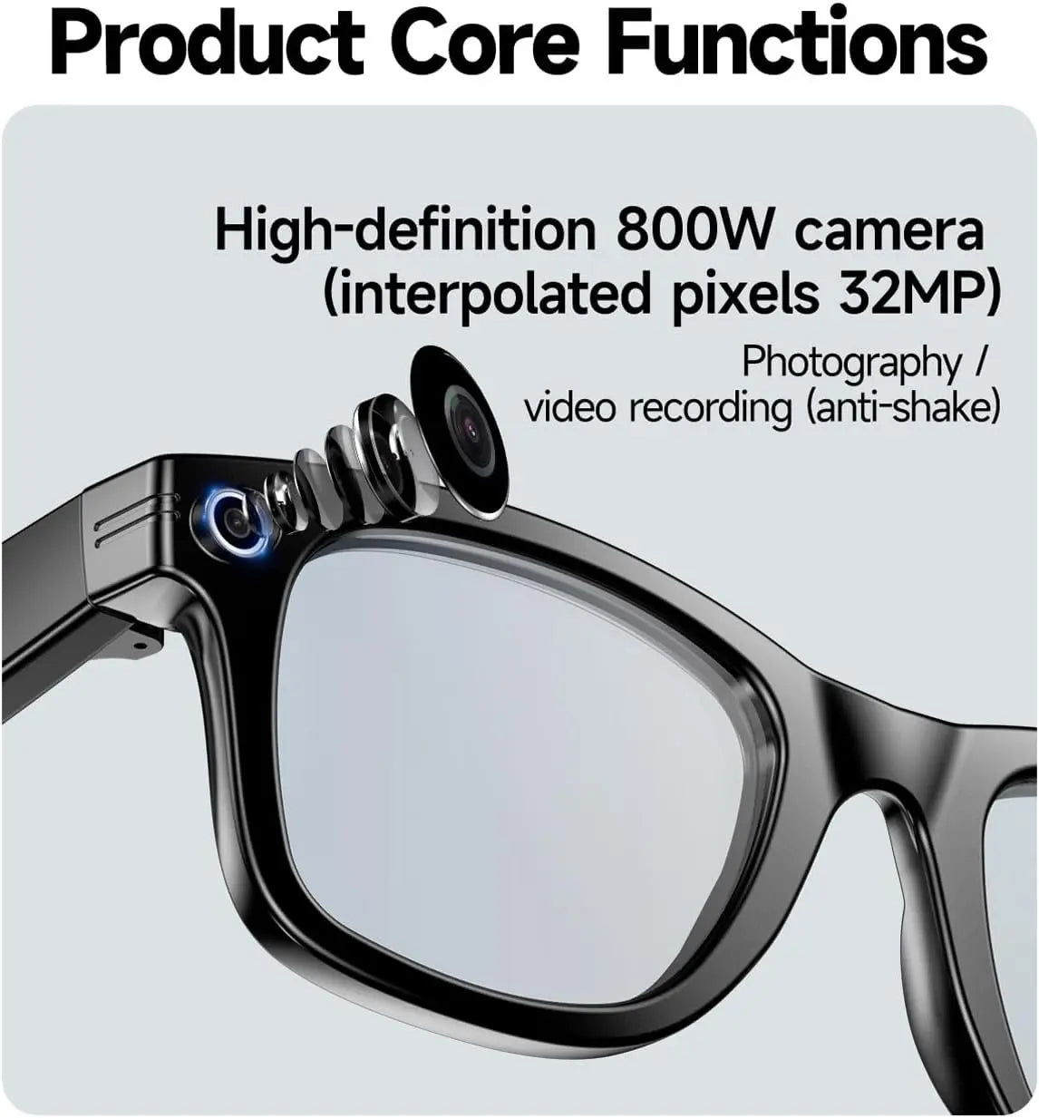 AI Smart Glasses with Chat GPT, Video Camera, Bluetooth Calls, Object Recognition, Blue Light Protection, Black Frame, HD 800W Camera, Anti-Shake, Dual Microphones, Live Translation, Sleek Design