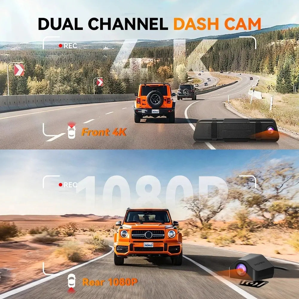【Fathersdaygift】Wolfbox M40 10” 4K Mirror Dash Cam Front & Rear, Wifi GPS Voice Control, Night Vision, Parking Mode, 64GB Included