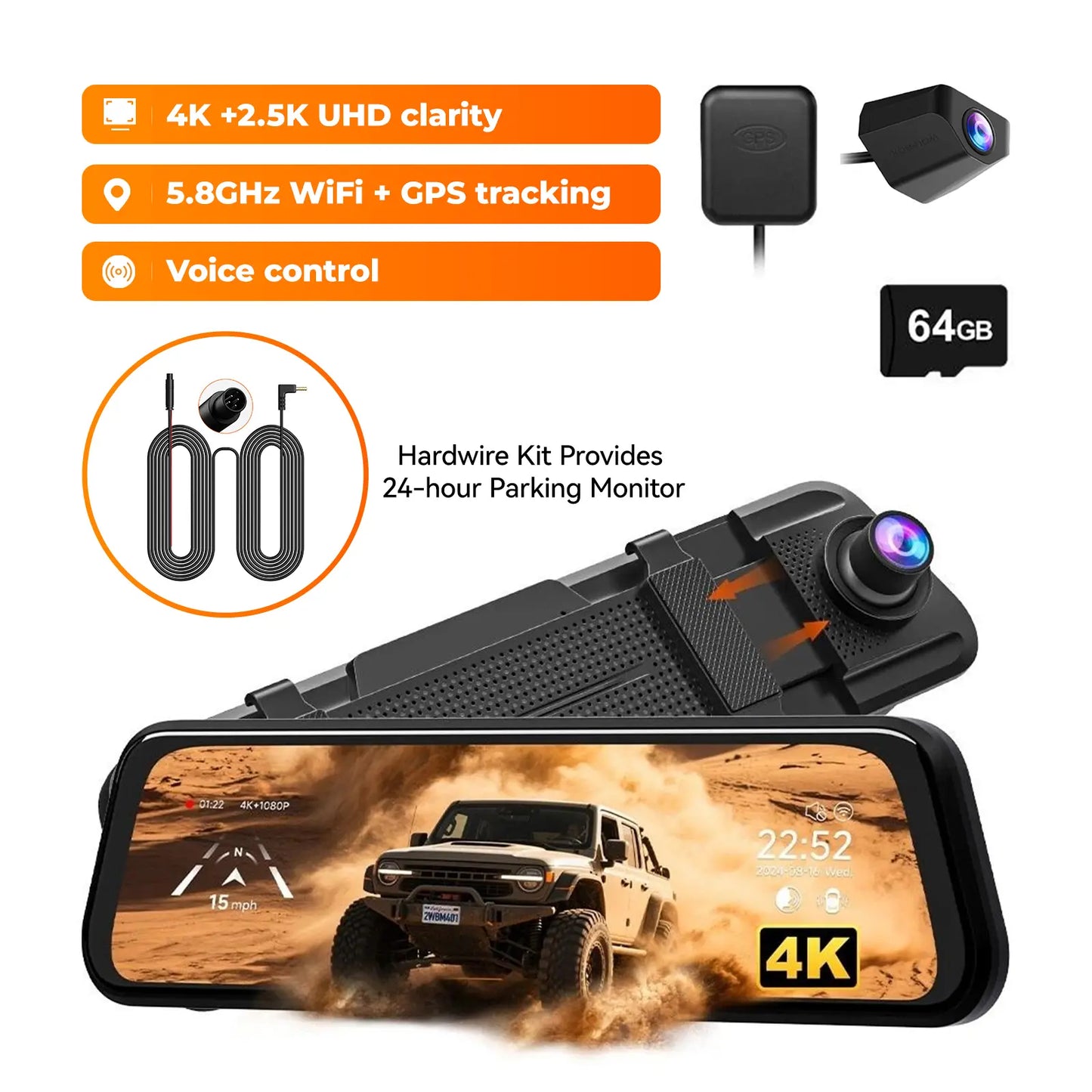 【Fathersdaygift】Wolfbox M40 10” 4K Mirror Dash Cam Front & Rear, Wifi GPS Voice Control, Night Vision, Parking Mode, 64GB Included
