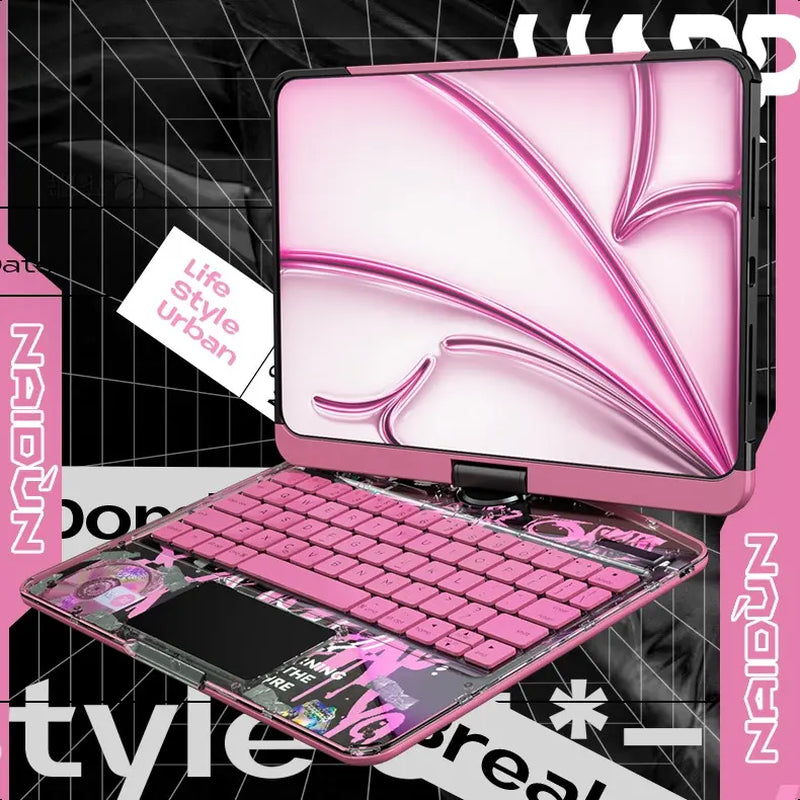 [Summervibes] NAIDUN Latest 360 Swivel Keyboard with Y2K Style Tranparent Case for Ipad Hard PC Back 7 Color Backlight Wireless Tablet Accessories Ipad Case Transparent
