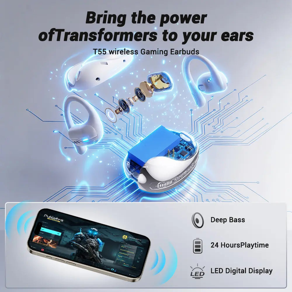 TRANSFORMERS T55 Open Ear Wireless Headphones - Bluetooth 5.4 Connection, IPX5 Waterproof Ear Hooks, Surround Sound Audio, LED Display, Lanyard, Aesthetic Black Optimus Primal Headphone for Sports (Running, Workouts)