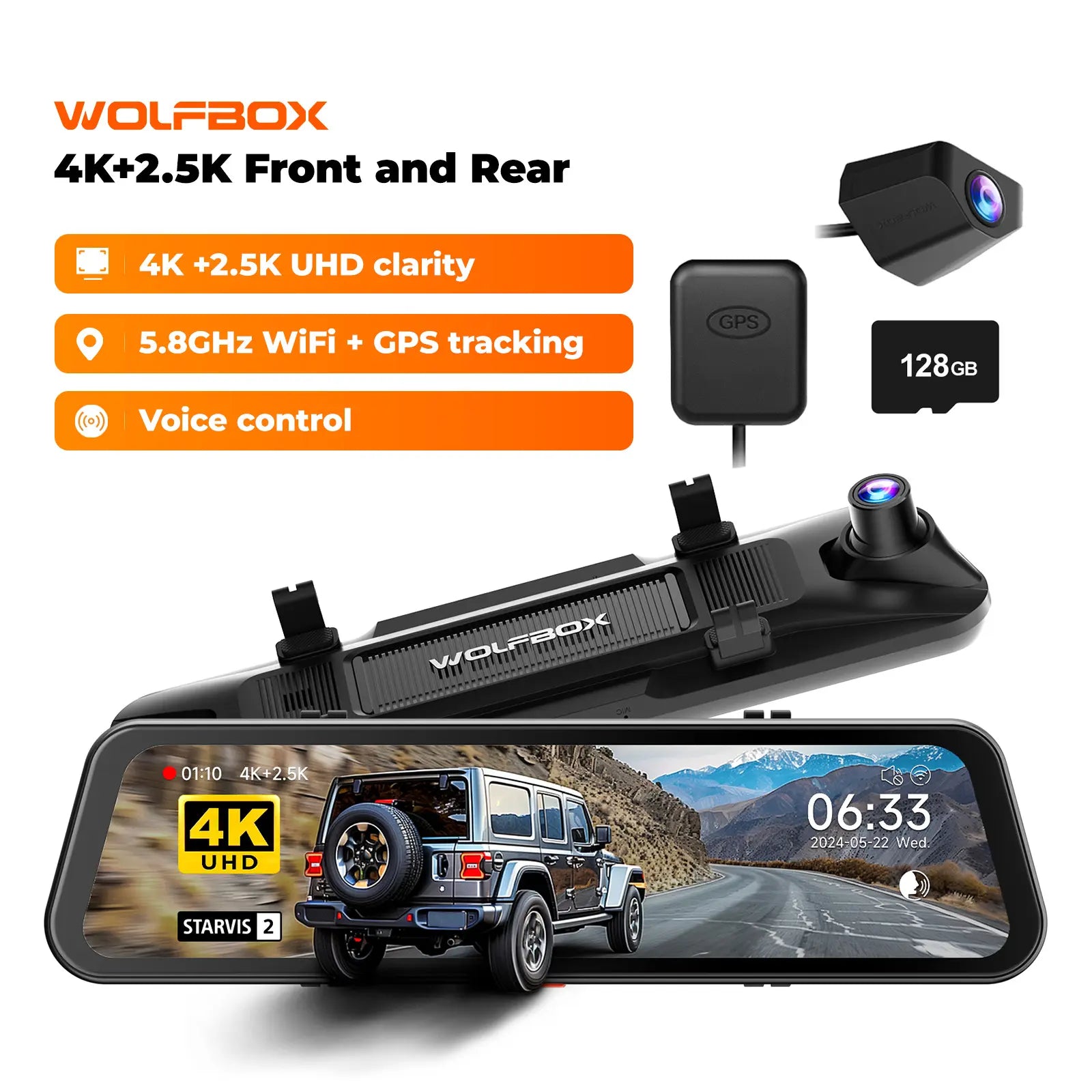 WOLFBOX G850 4K UHD Rearview Mirror Backup Camera Dash Cam with GPS 64GB Card Loop Recording Privacy Fathersdaygift Protection 24 Hours Recording 5.8Ghz Wifi Connectivity Intelligent Voice Control WDR Super Night Vision Tiktokshopholidayhaul