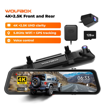 WOLFBOX G850 4K UHD Rearview Mirror Backup Camera Dash Cam with GPS 64GB Card Loop Recording Privacy Fathersdaygift Protection 24 Hours Recording 5.8Ghz Wifi Connectivity Intelligent Voice Control WDR Super Night Vision Tiktokshopholidayhaul