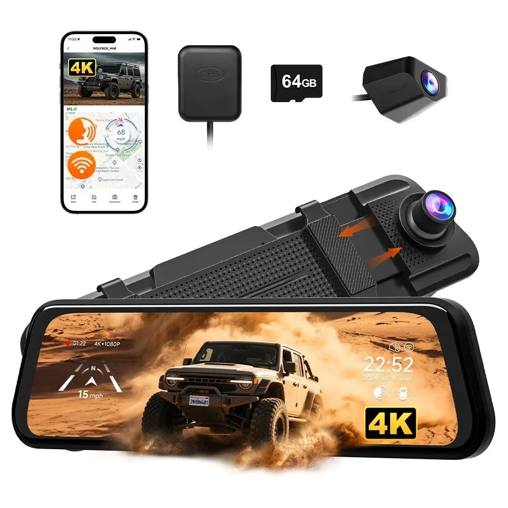 【Fathersdaygift】Wolfbox M40 10” 4K Mirror Dash Cam Front & Rear, Wifi GPS Voice Control, Night Vision, Parking Mode, 64GB Included