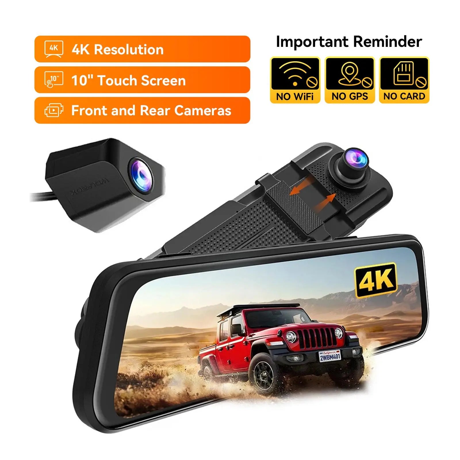 【Fathersdaygift】Wolfbox M40 10” 4K Mirror Dash Cam Front & Rear, Wifi GPS Voice Control, Night Vision, Parking Mode, 64GB Included