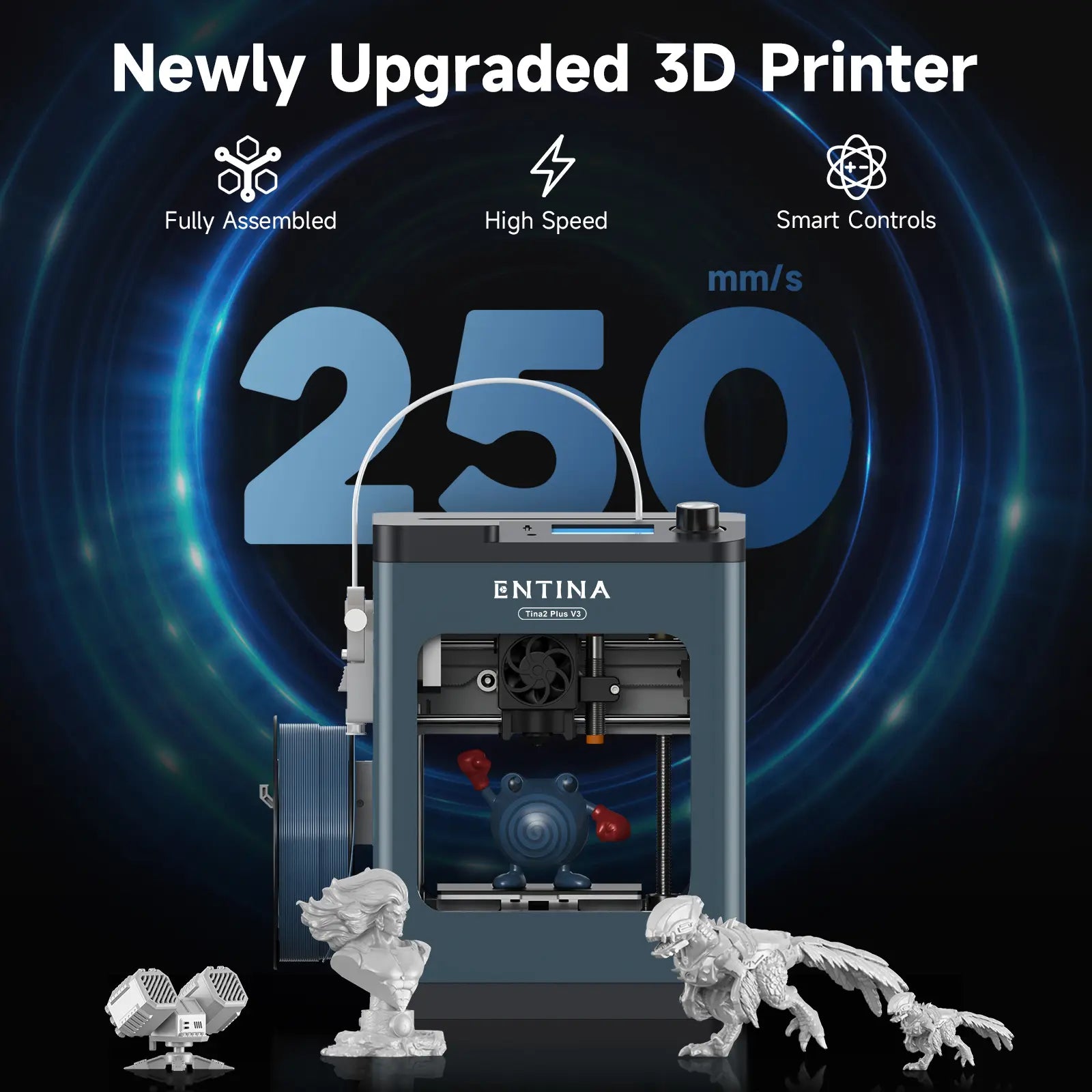 Entina Tina2 plus 3D Printer, 250Mm/S Fast Printing Mini 3D Printer, Easy to Use Starter with Wifi App Control for Kids & Beginners, Fully Assembled, Auto Leveling, High Precision, PEI Build Plate