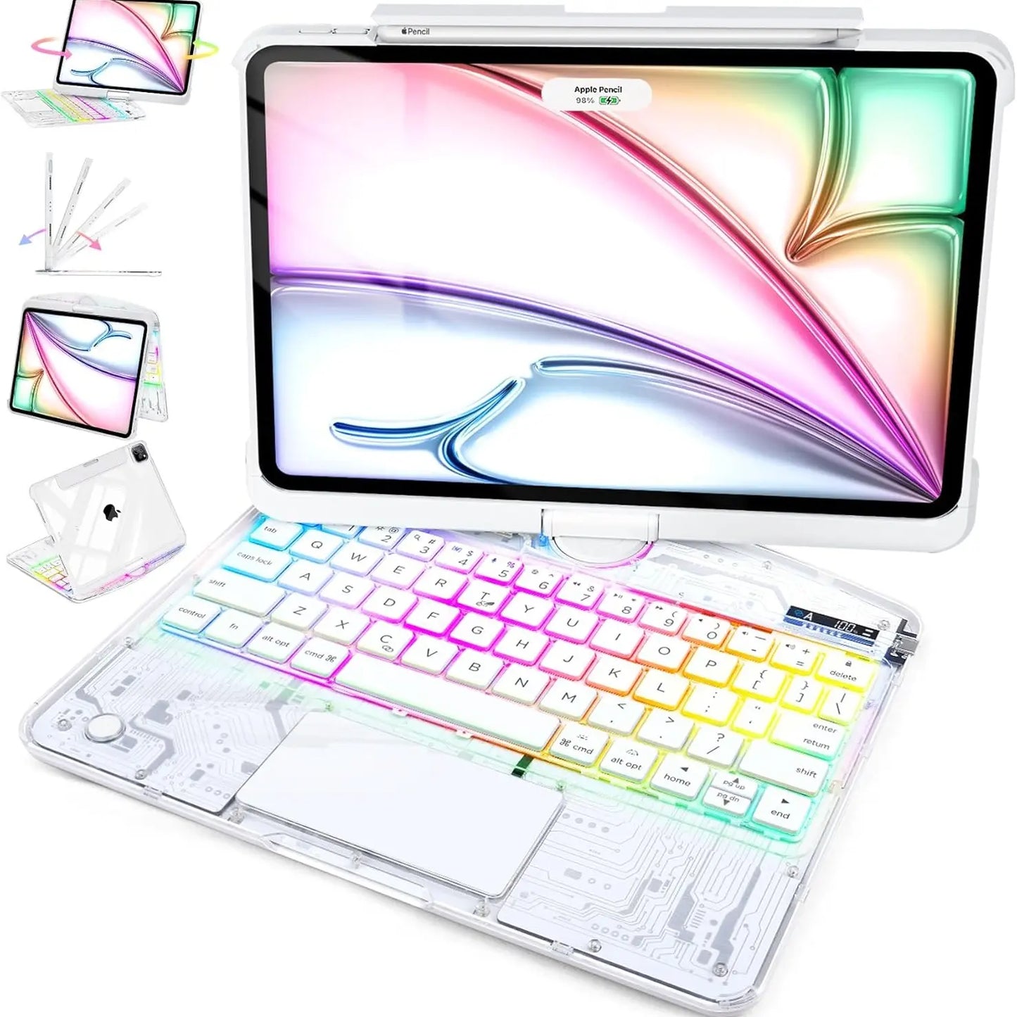 [Summervibes] NAIDUN Latest 360 Swivel Keyboard with Y2K Style Tranparent Case for Ipad Hard PC Back 7 Color Backlight Wireless Tablet Accessories Ipad Case Transparent