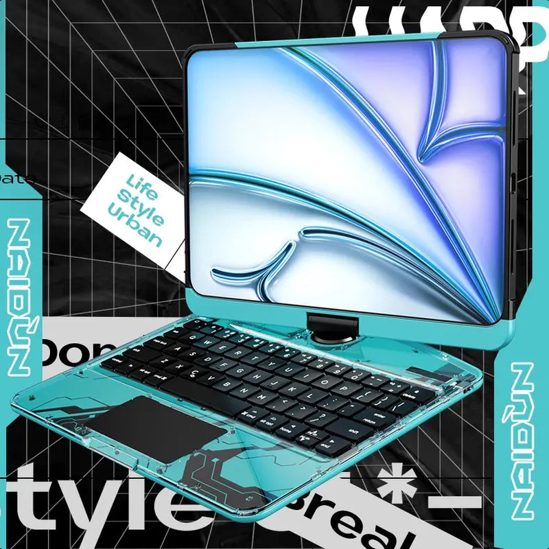[Summervibes] NAIDUN Latest 360 Swivel Keyboard with Y2K Style Tranparent Case for Ipad Hard PC Back 7 Color Backlight Wireless Tablet Accessories Ipad Case Transparent
