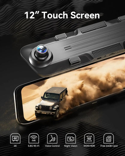 WOLFBOX G850 4K UHD Rearview Mirror Backup Camera Dash Cam with GPS 64GB Card Loop Recording Privacy Fathersdaygift Protection 24 Hours Recording 5.8Ghz Wifi Connectivity Intelligent Voice Control WDR Super Night Vision Tiktokshopholidayhaul