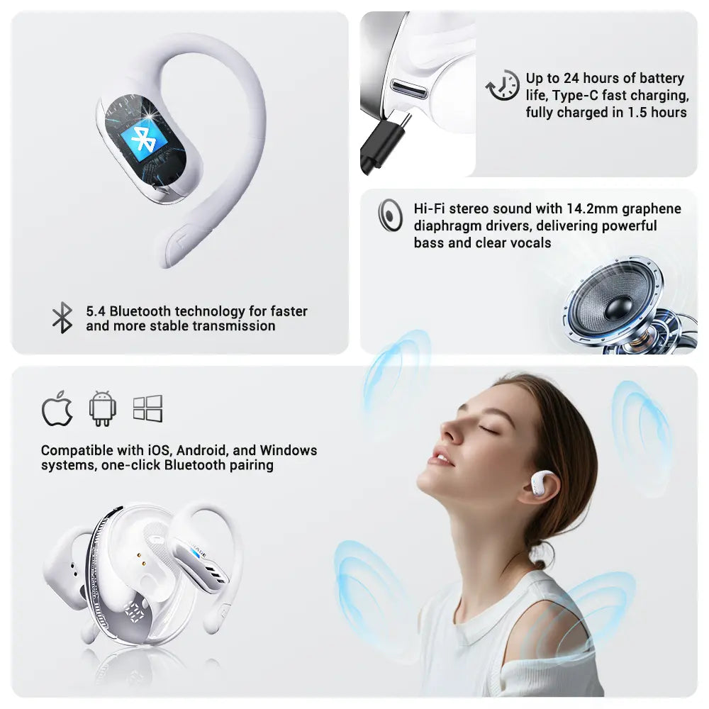 TRANSFORMERS T55 Open Ear Wireless Headphones - Bluetooth 5.4 Connection, IPX5 Waterproof Ear Hooks, Surround Sound Audio, LED Display, Lanyard, Aesthetic Black Optimus Primal Headphone for Sports (Running, Workouts)