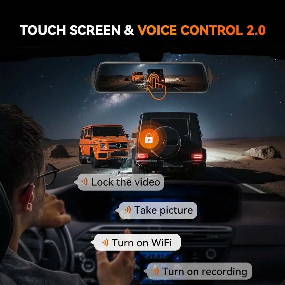 【Fathersdaygift】Wolfbox M40 10” 4K Mirror Dash Cam Front & Rear, Wifi GPS Voice Control, Night Vision, Parking Mode, 64GB Included