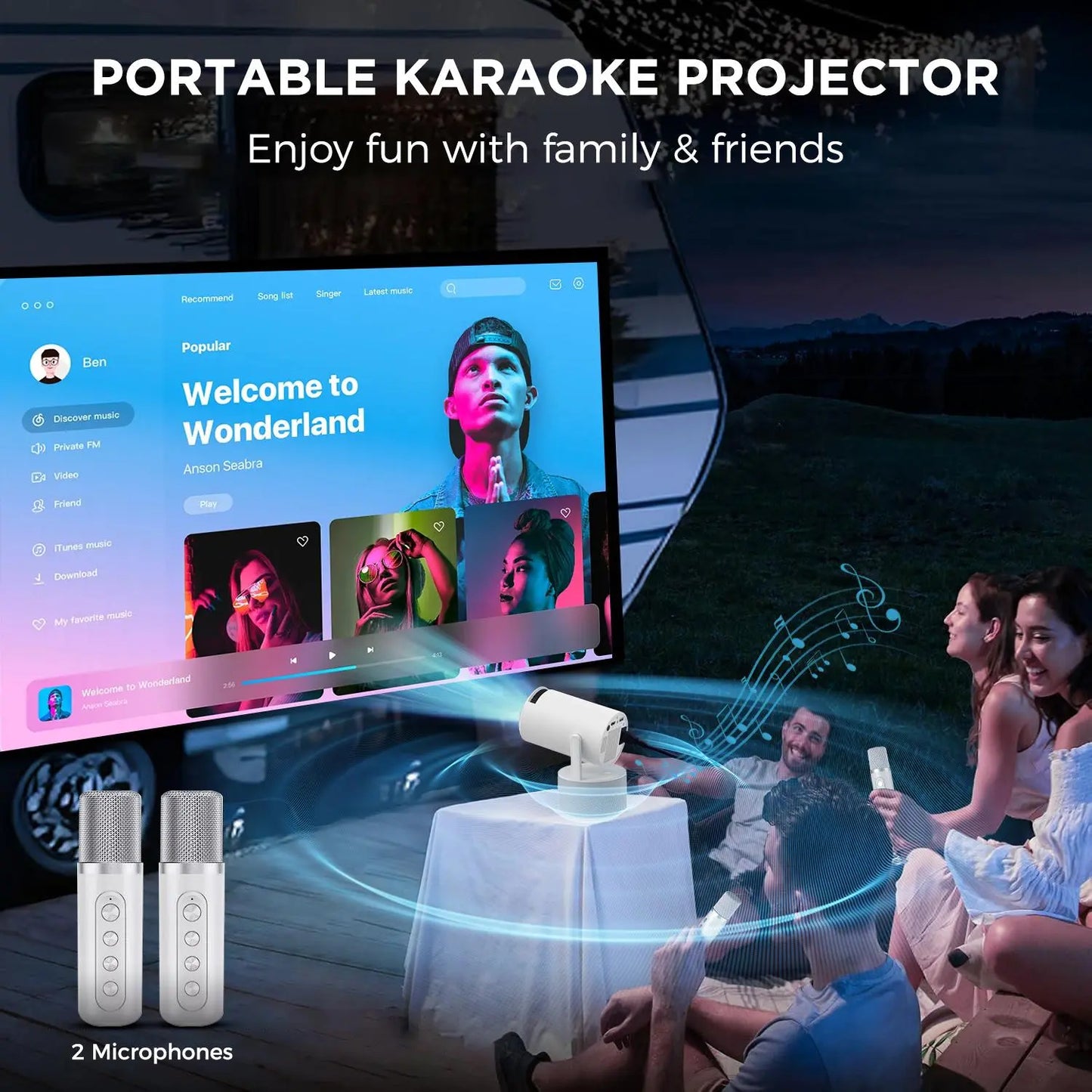 Portable Projector, Plug and Play Wireless Projector with 2 Speakers & 2 Microphones, Home Entertainment Projector, Home Cinema Projector, Stereo Karaoke Projector for Home Office, Home Theater Projector, Mother'S Day Gift
