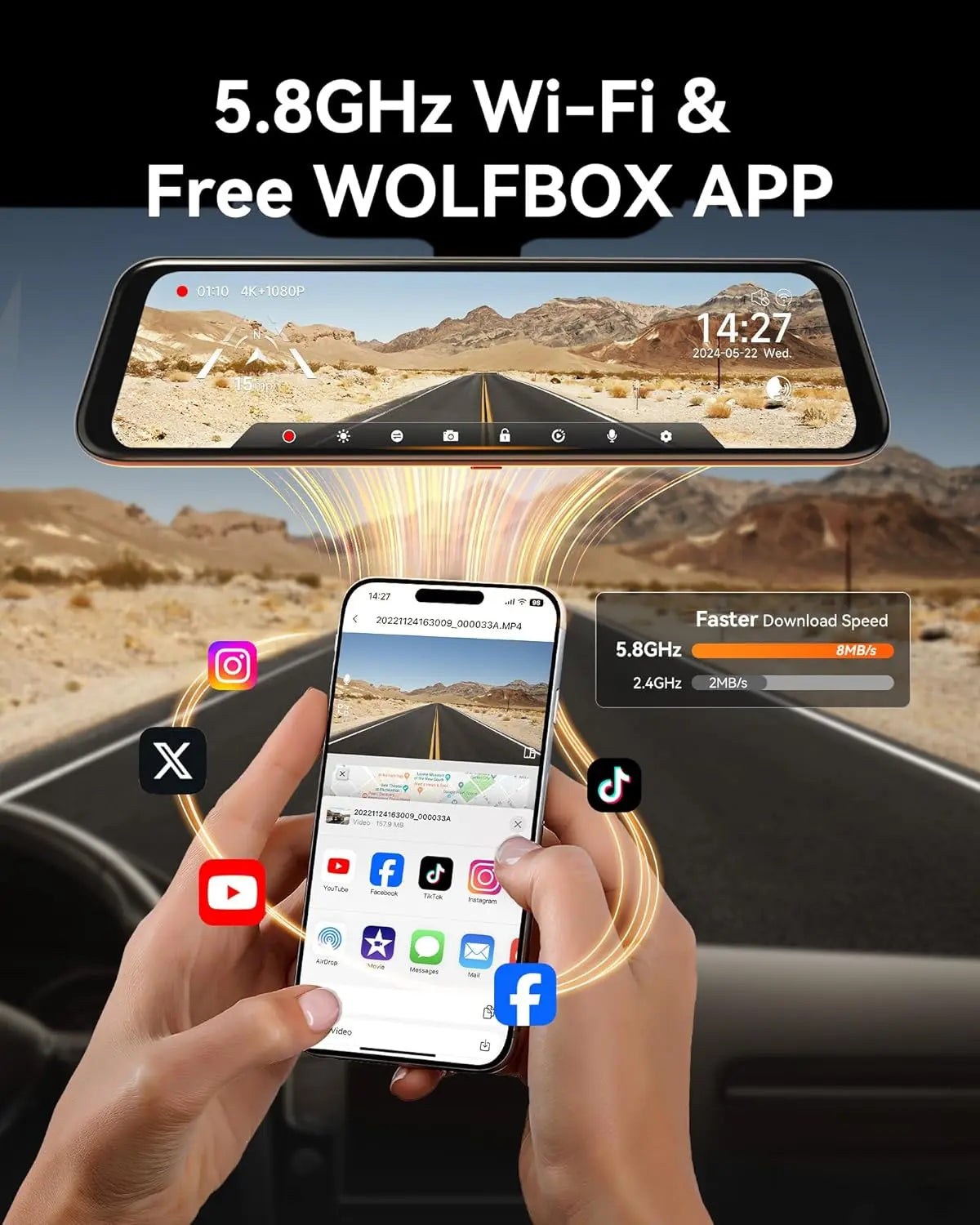 WOLFBOX G850 4K UHD Rearview Mirror Backup Camera Dash Cam with GPS 64GB Card Loop Recording Privacy Fathersdaygift Protection 24 Hours Recording 5.8Ghz Wifi Connectivity Intelligent Voice Control WDR Super Night Vision Tiktokshopholidayhaul