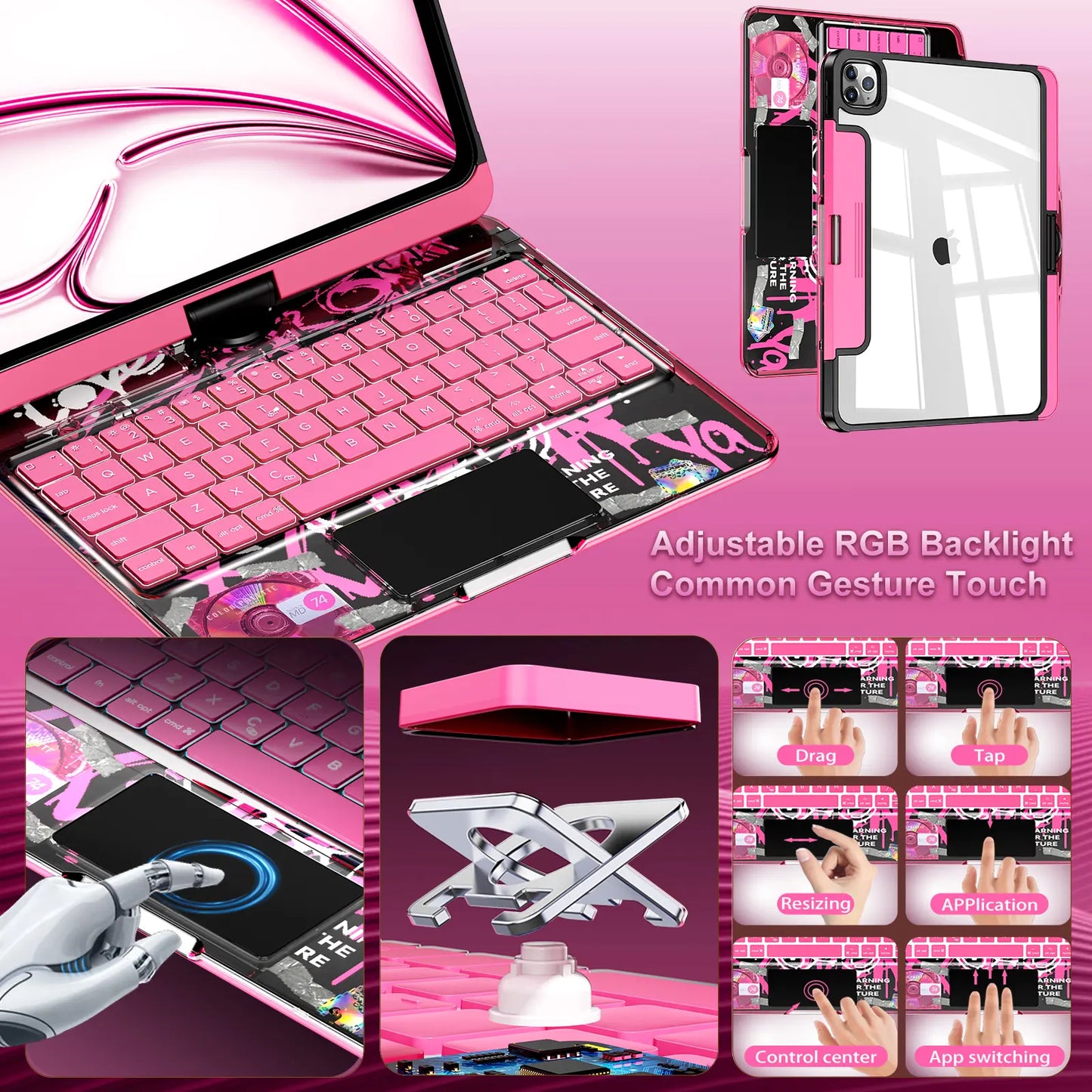 [Summervibes] NAIDUN Latest 360 Swivel Keyboard with Y2K Style Tranparent Case for Ipad Hard PC Back 7 Color Backlight Wireless Tablet Accessories Ipad Case Transparent